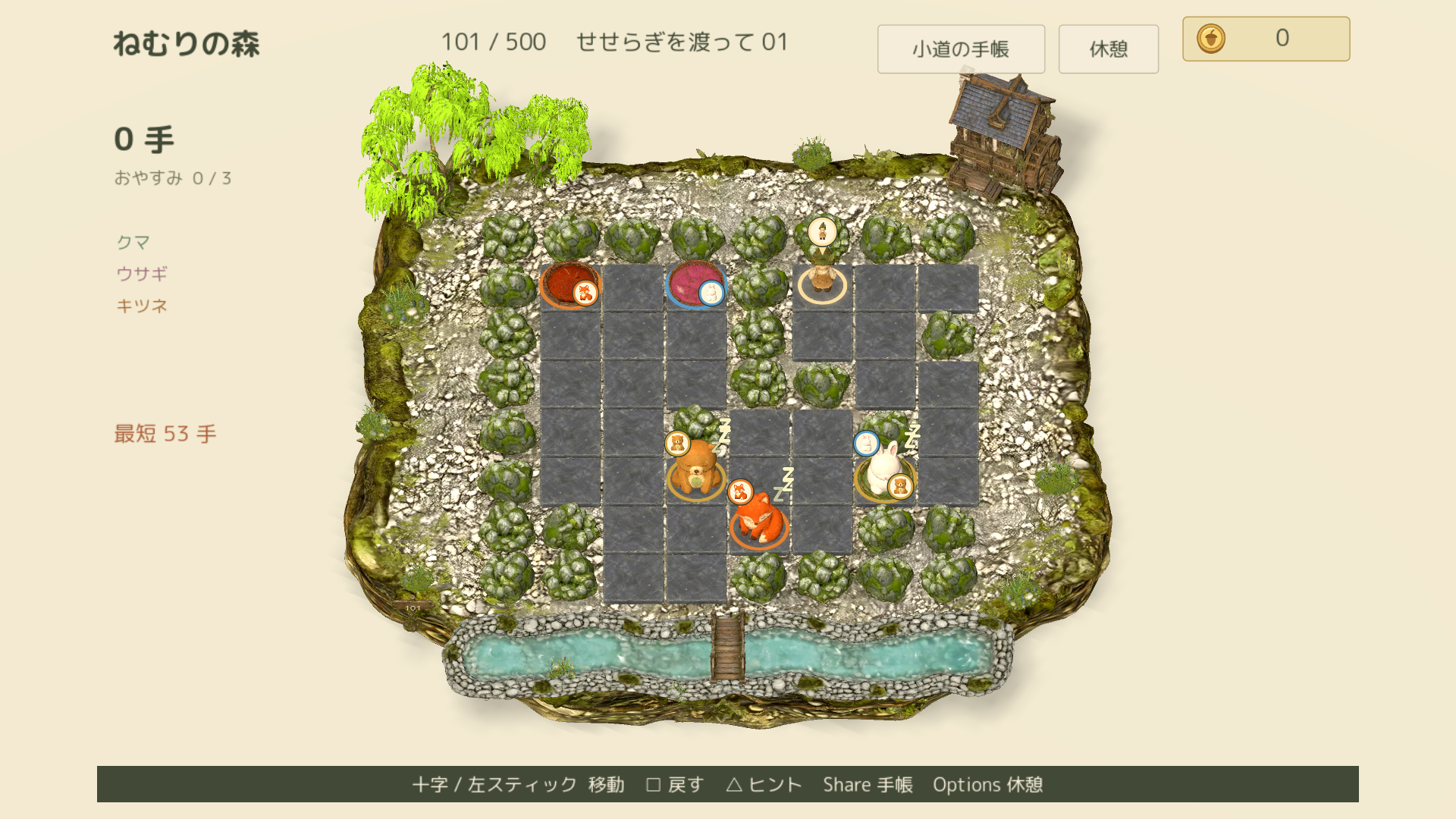 小川のそばで、色と顔の目印をたよりに